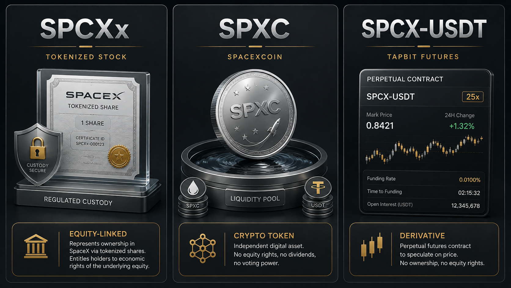 SPCXx tokenize edilmiş hisse senedi, SpaceXCoin SPXC ve SPCX-USDT vadeli işlemleri karşılaştırması