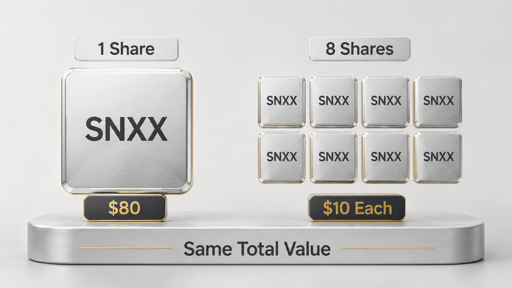 SNXX 8対1株分割、80ドルの株1株が10ドルの株8株になる様子
