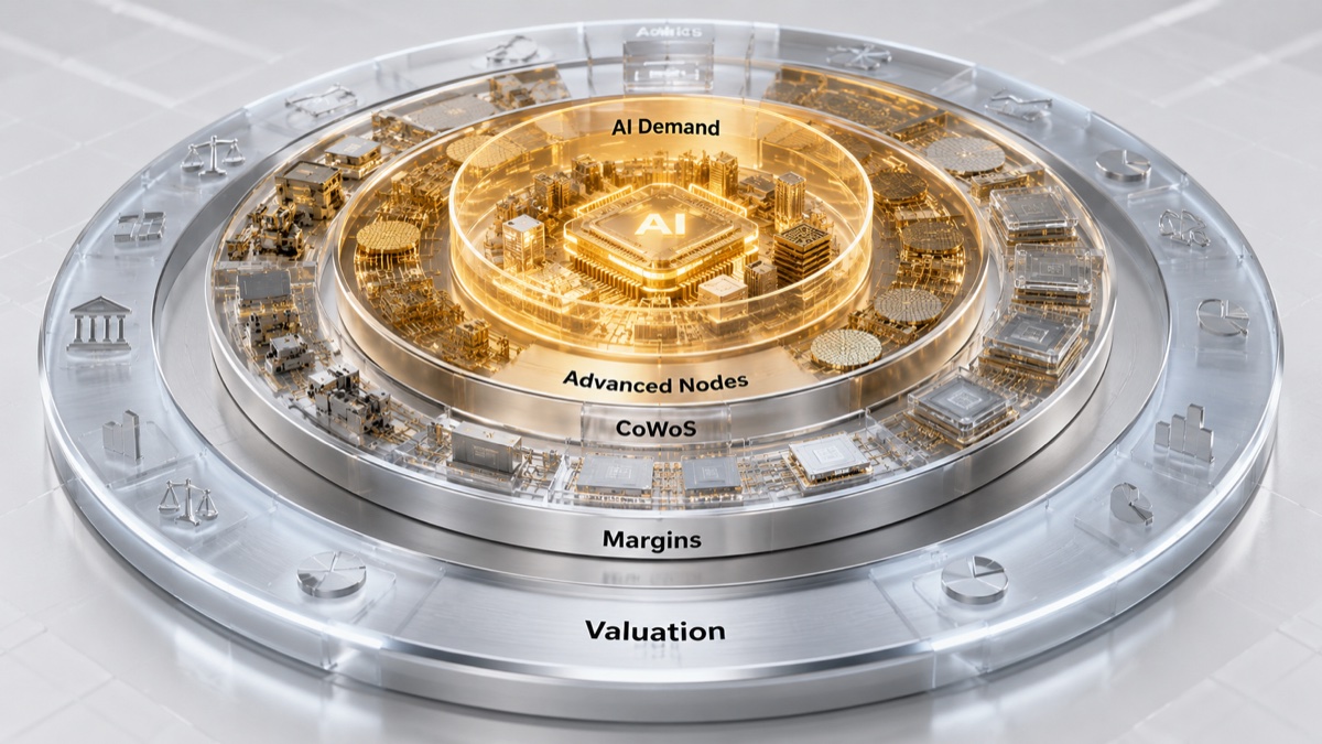 TSM stock forecast drivers including AI demand, advanced nodes, CoWoS, margins and valuation