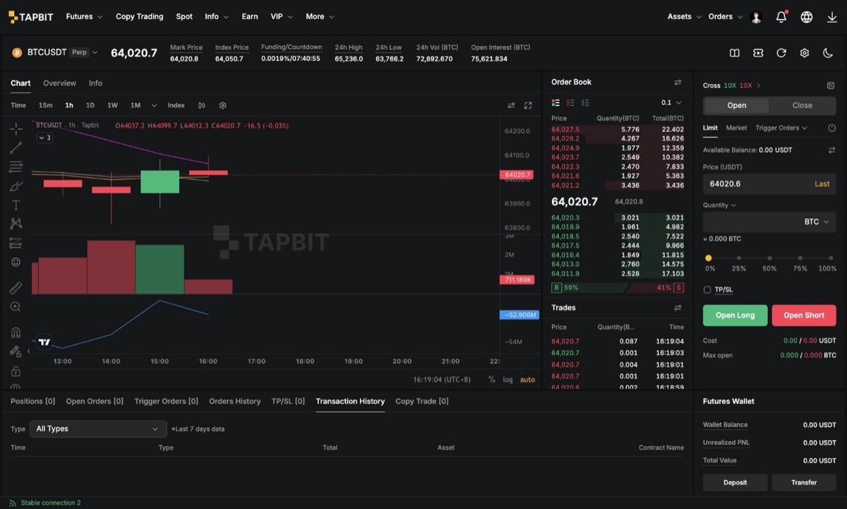 Interfaz de trading de futuros perpetuos Tapbit BTC-USDT