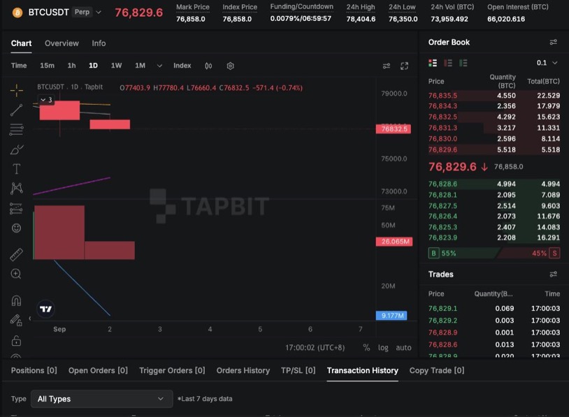 Tapbit BTC-USDT perpetual futures chart and order book
